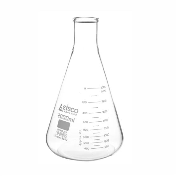 Matraz Erlenmeyer de vidrio de borosilicato , 2000 ml.
Código CH2163