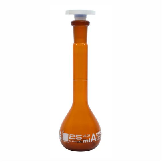 Matraz ámbar aforado, volumétrico (Fiola), de vidrio de borosilicato, 25 ml.
Código CH0451C.