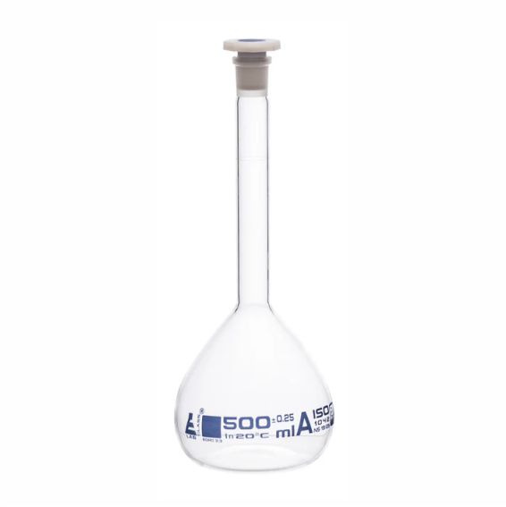 Matraz aforado, volumétrico (Fiola) de vidrio de borosilicato, impresión en azul, 500 ml.
Código CH0446H.