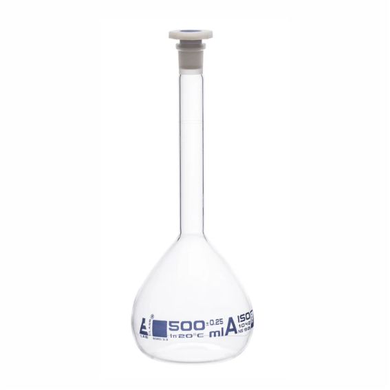 Matraz aforado, volumétrico (Fiola) de vidrio de borosilicato , 500 ml., con tapón de polietileno.
Código CH1952I