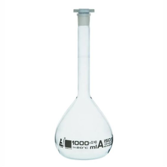 Matraz aforado, volumétrico (Fiola) de vidrio de borosilicato , 1000 ml., con tapón de polietileno.
Código CH0446I-WT.