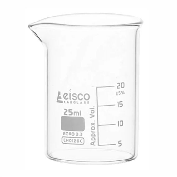 Vaso de precipitado (Beaker), de vidrio de borosilicato, 25 ml.
Código CH0126C.