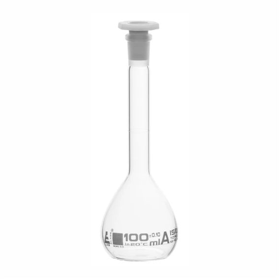 Matraz aforado, volumétrico (Fiola), de de vidrio de borosilicato, 100 ml, impresión en blanco, con tapón de polietileno.
Código CH0446E-WT.