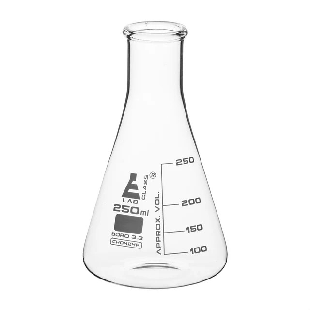 Matraz Erlenmeyer cónico de cuello estrecho, de vidrio de borosilicato, 250 ml. (Graduaciones de 50 ml)
Código CH0424F